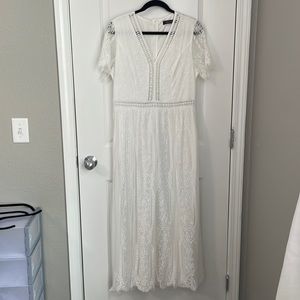 Merokeety Women's V Neck Short Sleeve Floral Lace Dress, white, size XL